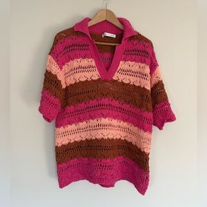 Zara Crotchet Knit Short Sleeve Polo Pink & Brown Striped V-Neck Sweater Top S/M